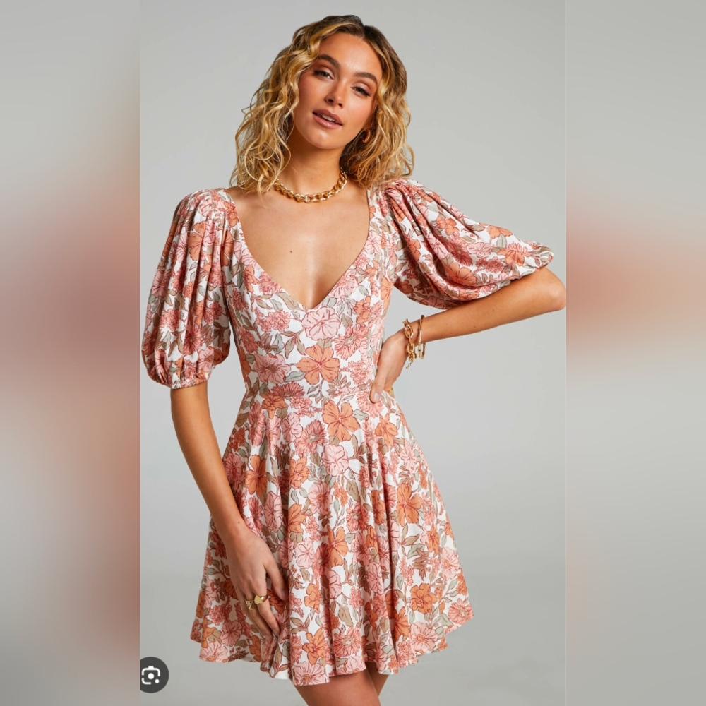 Showpo Floral Puff Sleeve Dress - Pink and White